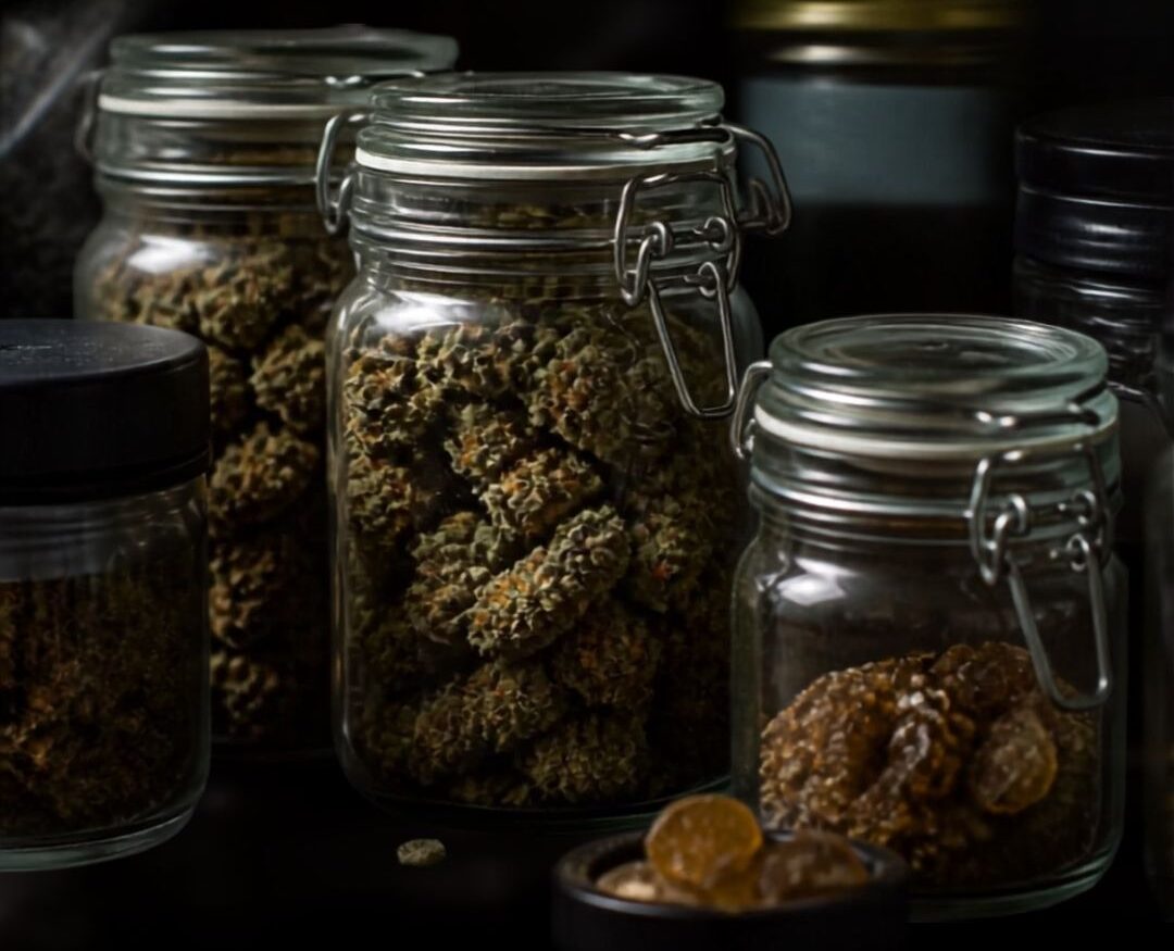 Frascos herméticos con flores de marihuana y resinas en una despensa oscura, iluminada con poca luz.