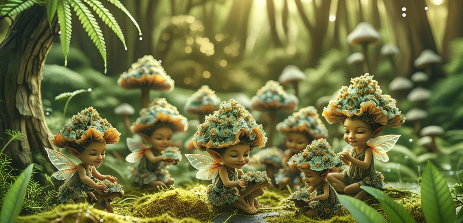 un bosque con pequeñas hadas-cogollo de cbd viviendo en el