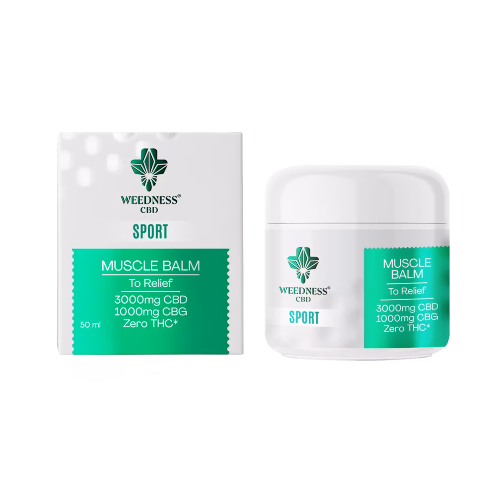 caja y su bote de 50 cl de muscle balm sport 3000mg de cbd 1000mg de cbg de la marca weednes cbd, sobre fondo blanco