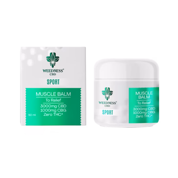 Fotografía de la caja y el envase del Weedness CBD Sport Muscle Balm, bálsamo muscular natural con 3000 mg de CBD y 1000 mg de CBG, libre de THC. Los productos muestran el logotipo verde de Weedness y un diseño en tonos blanco y verde, transmitiendo una imagen limpia y deportiva sobre fondo blanco